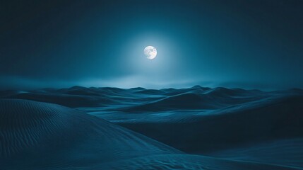 Wall Mural - Moon is shining brightly in the sky over a desert landscape. The scene is serene and peaceful, with the moon casting a soft glow over the sand dunes. The stillness of the night