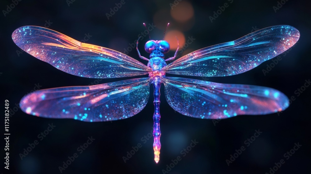 Glowing dreamy dragonfly insect. Isolated 3D render fly on black backgound. Modern brutalism concept