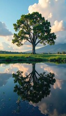 Canvas Print - Cloudy sky reflects on the still waters below tree, nature, reflection