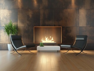 Wall Mural - 
Modern interior design, accentual and subtle, features a living room with a fireplace and wood floor, modern chairs, subtle lighting, a color scheme of dark brown and white.