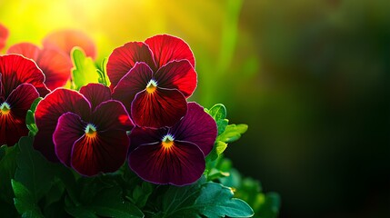 Wall Mural - Burgundy pansies in summer garden glowing in sunset rays, perfect for a summer banner with room for copy.