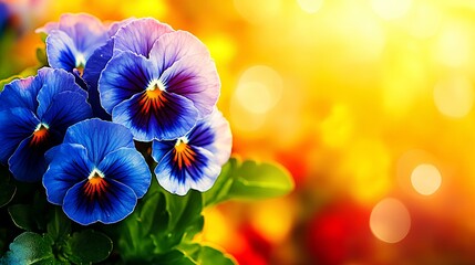 Wall Mural - Summer banner with vibrant blue pansies in garden at sunset, offering ample copy space.