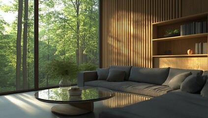 Wall Mural - 
modern interior design, living room with gray sofa and wooden slats on the wall behind it, glass table against concrete floor, tall window with forest view, modern bookcase in the corner.