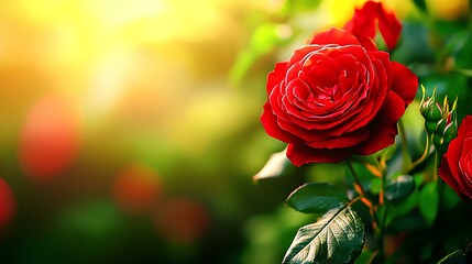 Wall Mural - Banner with vibrant red roses in garden at sunset, offering ample copy space.