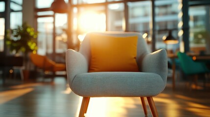 Wall Mural - An inviting, upholstered armchair with wooden legs, enhanced by a bright orange pillow, is bathed in soft sunlight from large windows highlighting a tranquil setting.