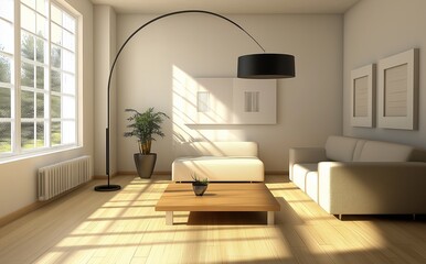 Wall Mural - 
Modern living room with minimalist furniture and geometric art, featuring light wood flooring, white walls, soft lighting from an arched black lamp.