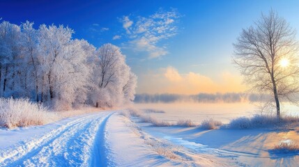 A serene winter landscape showcasing frosted trees under a vibrant blue sky and glistening snow on the ground.