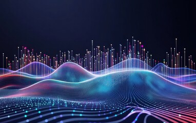 Wall Mural - Abstract digital landscape with vibrant waves and glowing particles, representing data visualization and technology