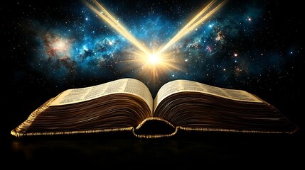 Wall Mural - Cosmic rays illuminate ancient book, dark background.