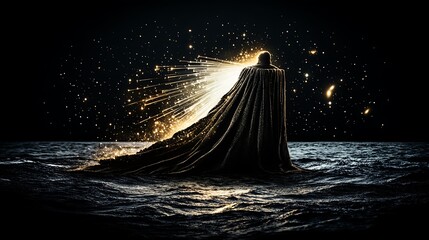 Wall Mural - Dark cloaked figure, glowing, ocean, night, stars, hope, fantasy, artwork.