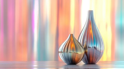 Wall Mural - Silver vase with a minimalist design and a gold vase with elegant detailing, set against a colorful, blurred background.