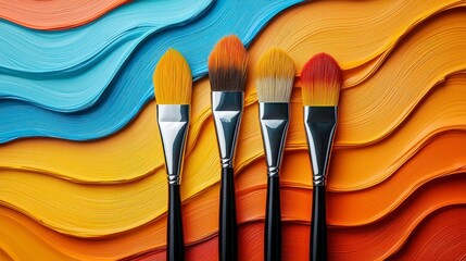 Wall Mural - Four paintbrushes on wavy colorful paint.