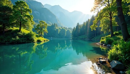 a blue lake glistens with sunlight in a serene landscape of trees and lush greenery, sunshine, seren