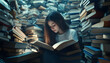 © John - A determined girl surrounded by stacks of books, lost in the depth of her studies AI Generated