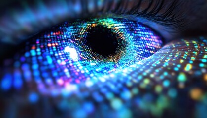 Wall Mural - abstract close-up of a digital eye, showcasing vibrant colors and pixelated patterns reflecting adva