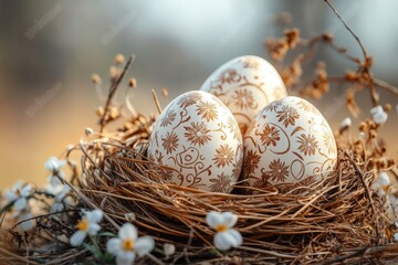 A set of Easter eggs with a nest pattern on a natural background