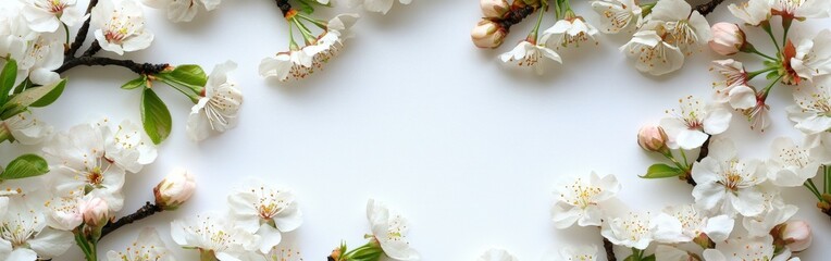 Canvas Print - White cherry blossoms frame a blank background for spring decoration