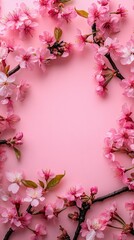 Wall Mural - Pink cherry blossom arrangement on a pastel pink background for spring decor