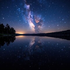 Wall Mural - Reflection of starry night sky in calm lake waters with trees reflected too, landscape, sky, serene