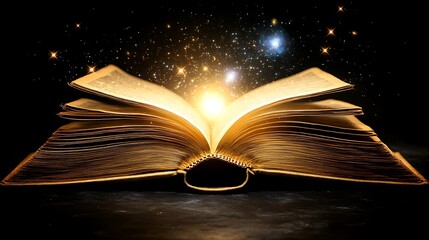 Wall Mural - Glowing Open Book, Magic, Dark Background, Fantasy.