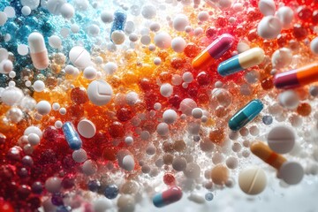 Wall Mural - a surreal composition of various pills cascading down against a stark white backdrop capturing the e