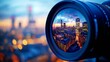 © HambaTuhanImages - Cityscape reflected in camera lens at sunset.