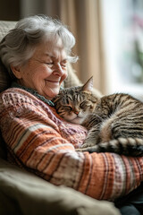 An elderly woman sitting in a chair, petting a happy cat curled up on her lap