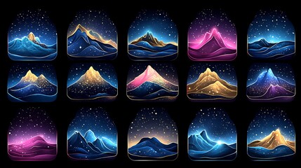 Wall Mural - night sky, glowing mountain range, digital art, app icons.