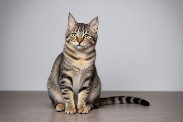 domestic cat with gray brown fur on textured floor green eyes