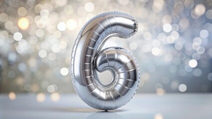 Wall Mural - Sparkling Silver Number 6 Balloon, Bokeh Background, Festive Birthday Decoration