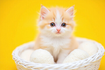 small adorable kitten with white pom pom on head yellow bg