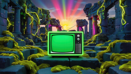 Futuristic action scene with retro television abandoned ruins digital art colorful environment