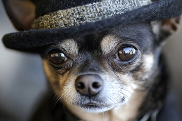 Wall Mural - Chihuahua wearing a tiny hat with a proud but tiny grumpy face, symbolizing big personality