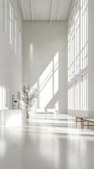 Wall Mural - A minimalist exhibition hall with simple white walls, smooth floors, and high ceilings, offering open space for creative product displays and text space