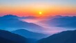 © horizon - Majestic mountain landscape showcases dramatic sunrise with golden sunburst illuminating peaks against deep blue sky, featuring misty valleys and layered mountain silhouettes in ethereal atmosphere.