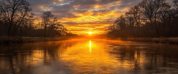 Poster - Golden sunrise over calm river, reflecting in water, trees on banks, misty morning.