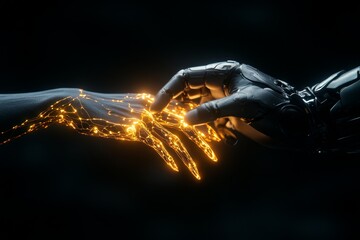 Wall Mural - A close-up of an alien hand reaching out to touch a human hand, with faint glowing patterns on the skin