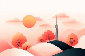 Aufkleber - A minimalist design of the Namsan Seoul Tower, drawn in simple lines and soft pastel tones