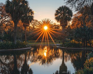 Poster - Sunset rays burst through palm trees reflecting in a tranquil pond.