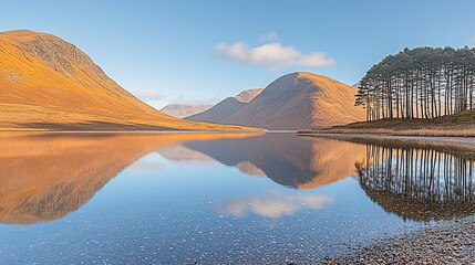 Poster - Calm lake reflecting autumnal mountains and trees.