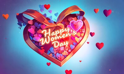 Wall Mural - A heart shaped box with a ribbon and a bunch of hearts on it. The box is labeled Happy Women's Day