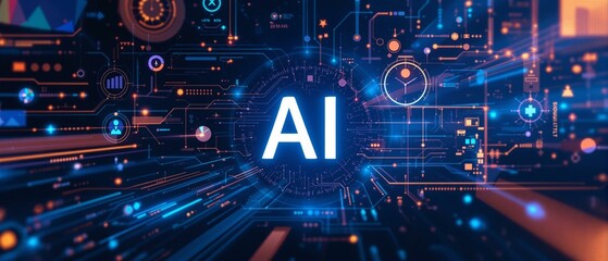 Illustration of an abstract futuristic background with digital technology and artificial intelligence concepts. The text 