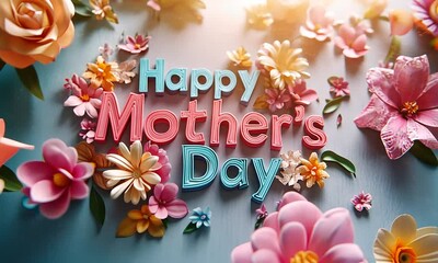 Wall Mural - A colorful sign that says Happy Mother's Day. The sign is surrounded by flowers and has a pink background