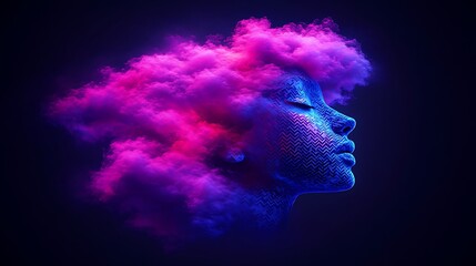 Wall Mural - Woman, cloud, hair, portrait, neon, digital art, dark, background, imagination, cover.