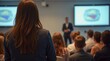 © Lednev - A girl stands at the end of the conference room.