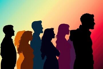 Wall Mural - a group of people standing in a line with a rainbow background