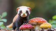 © Manutsanun - A ferret poses playfully among colorful mushrooms in a vibrant forest setting.