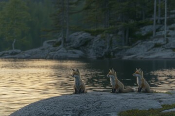 A group of small young cubs near their den, belonging to a red fox, vulpes vulpes, are curiously watching around. These cute wild predators are thriving in their natural environment. It represents a