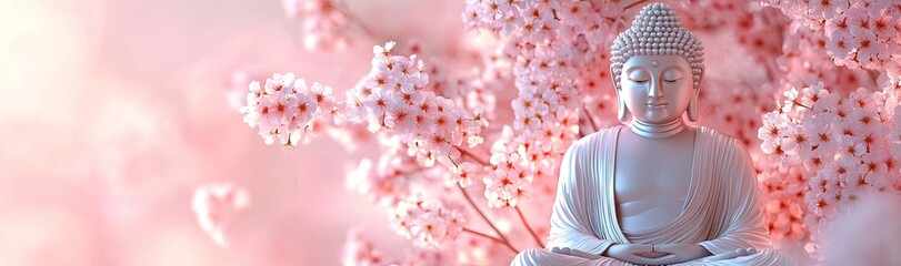 Wall Mural - A soft pink background with cherry blossoms and an outline of the Buddha statue, creating a serene atmosphere for spiritual graphics