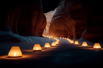 A haunting view of Petra Treasury at night, with dim candlelight revealing mysterious carvings and shadows